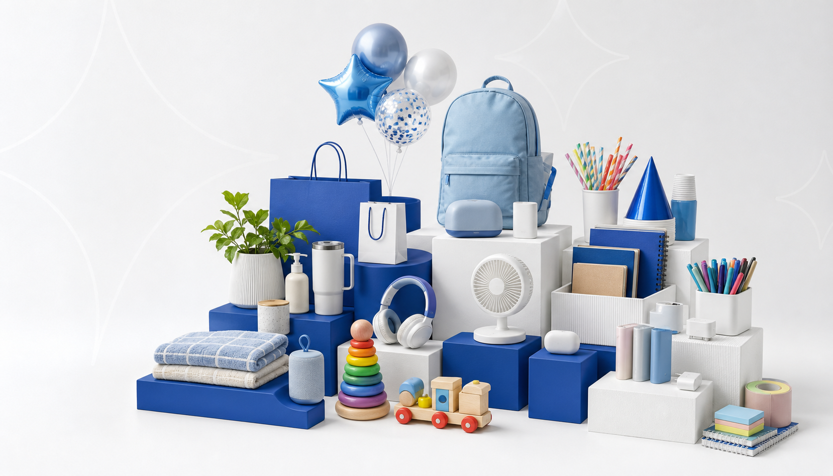 Selección luminosa de productos sobre módulos blancos y azules